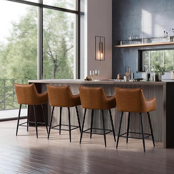 Brown Leather Bar Stools Set of 4, Mid Century Modern Upholstered Kitchen Chairs with Arms and Black Metal Legs 30” Height Stools with Back for Dining Room Home Pub Faux Leather in Brown