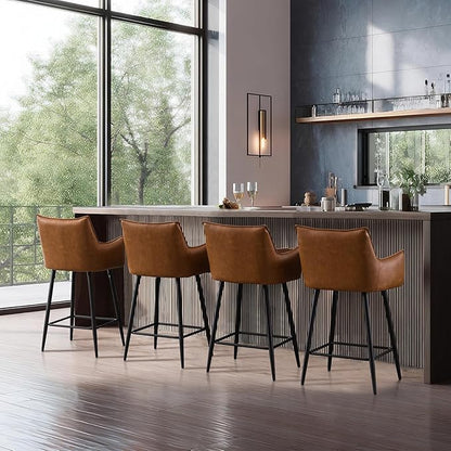 Brown Leather Bar Stools Set of 4, Mid Century Modern Upholstered Kitchen Chairs with Arms and Black Metal Legs 30” Height Stools with Back for Dining Room Home Pub Faux Leather in Brown