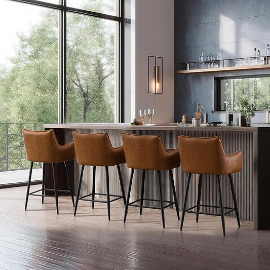 Brown Leather Bar Stools Set of 4, Mid Century Modern Upholstered Kitchen Chairs with Arms and Black Metal Legs 30” Height Stools with Back for Dining Room Home Pub Faux Leather in Brown