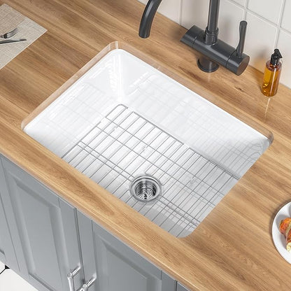 White Fireclay Undermount KItchen Sink 24 Inch, Single Bowl Small Topmount White Undermount Laundry Sink 24''x19''x11'' Drop In, Heavy Duty Deep Basin, Dual Mount, for Kitchen, Island, Laundry