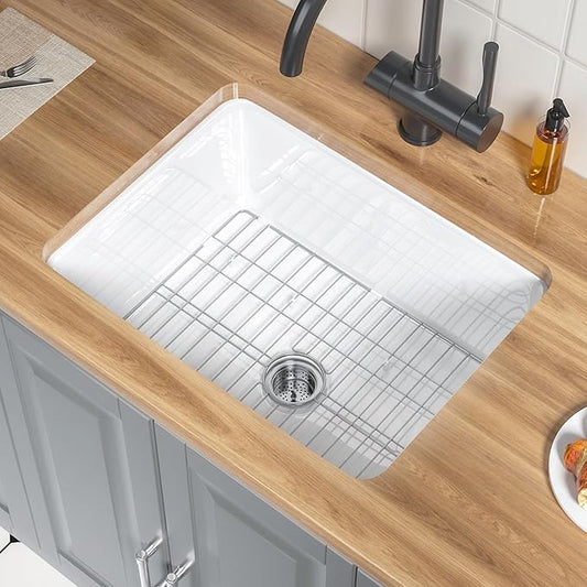 White Fireclay Undermount KItchen Sink 24 Inch, Single Bowl Small Topmount White Undermount Laundry Sink 24''x19''x11'' Drop In, Heavy Duty Deep Basin, Dual Mount, for Kitchen, Island, Laundry
