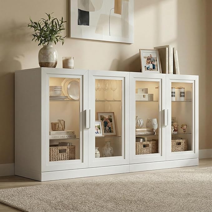 Casaphoria Adam Sideboard Buffet Cabinet with Storage, Display Cabinet with Glass Doors & Adjustable Shelves, 62" W x 36" H Buffet Cabinet for Entryway Kitchen Living Room, White