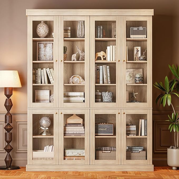 70.8" Farmhouse Kitchen Pantry Cabinet with Glass Doors, Modular Storage Cabinet with 6-Tier Adjustable Shelves, Large Storage Cabinet for Kitchen or Living Room, Set of 2, Brown