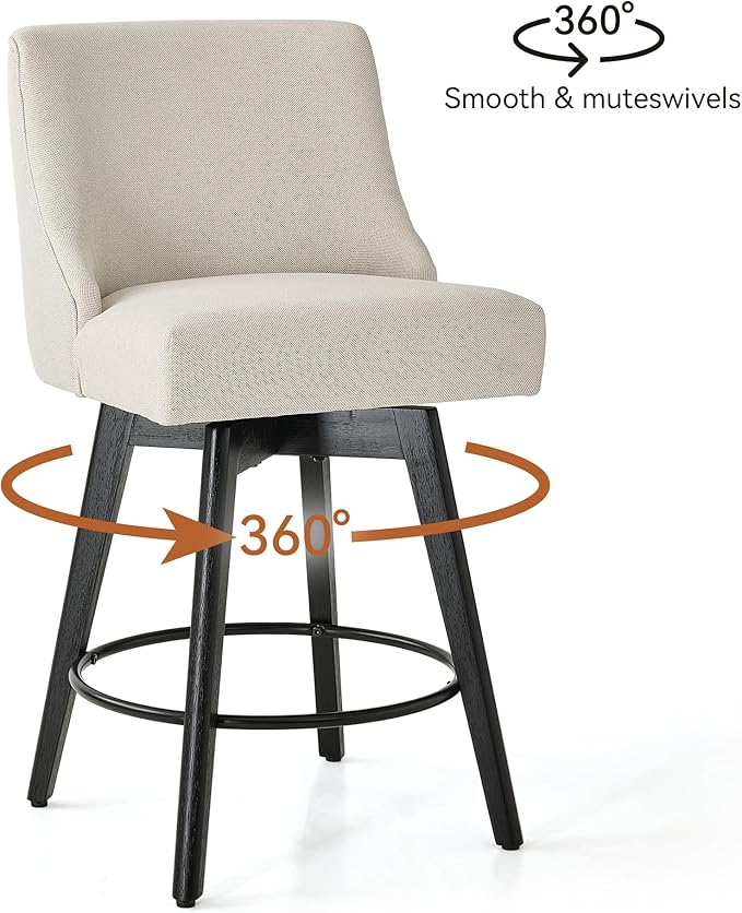 Vipbear Counter Height Bar Stools Set of 4, 26" H Swivel Bar Stools with Backs, Linen Fabric Upholstered Bar Chairs with Solid Wood Legs for Kitchen Island, Dining Room, Home Bar, White