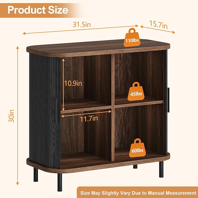 UNIQUITE Fluted Sideboard Buffet Cabinet, 31''W Storage Cabinet with Sliding Door, Coffee Bar Buffet Cabinet for Living Room, Kitchen, Entryway, Black