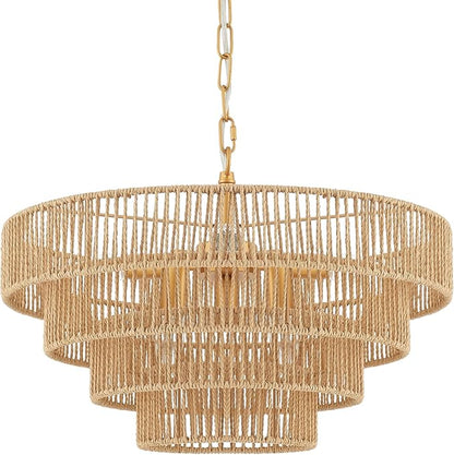 6-Lights Hand-Woven Rattan Pendant Light 4 Round Transitional Minimalist Boho Large Pendant Light for Kitchen Island Dining Room Living Room Hallway, Dia 20 Inch, UL Listed