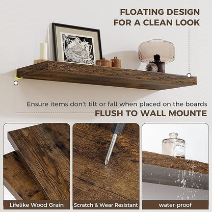 Fun Memories Deep Floating Shelves, 32W x 12D Rustic Brown Wall Shelves, 32 Long Rustic Wood Wide Storage Shelves for Bedroom, Kitchen, Farmhouse, Laundry Room, Bedroom, Kitchen, Home Office- Set of 3