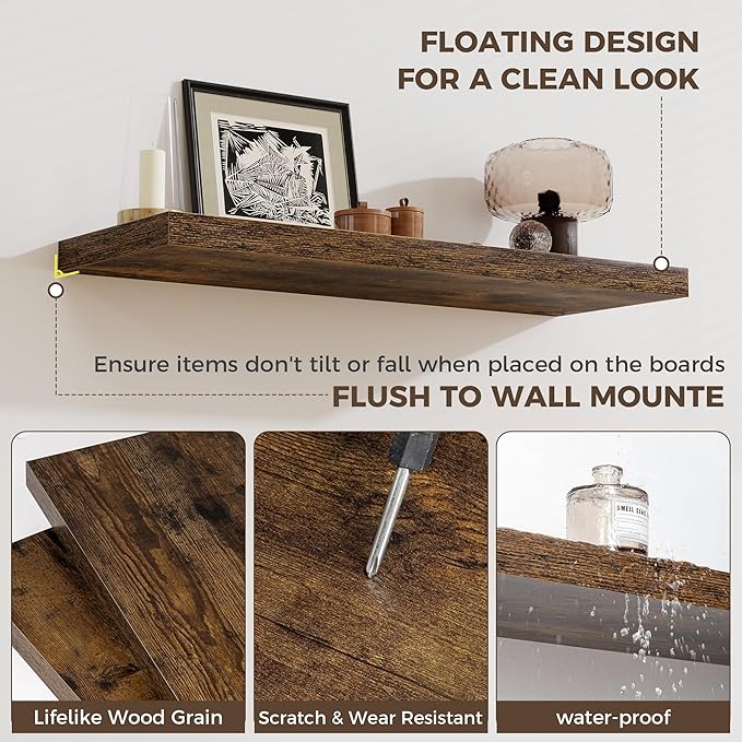 Fun Memories Square Floating Shelves for Wall, 9.3" W x 9.3" D x 1.4" H, Shelves for Wall with Invisible Brackets, Small Wood Storage Shelves for Kitchen, Living Room, Bedroom, Set of 3(Rustic Brown)