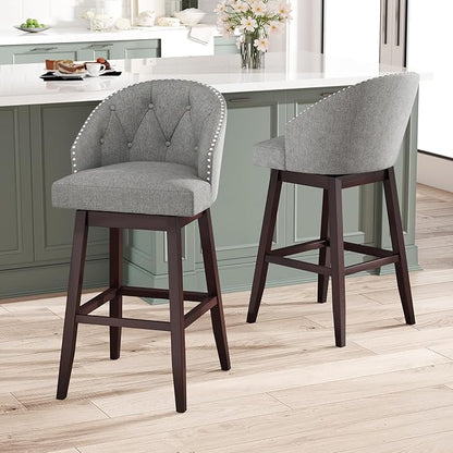 Giantex Modern Upholstered Bar Stools Set of 2, 31" Bar Height Swivel Kitchen Stools w/Button-Tufted Back, Rubber Wood Frame, Rivet Decoration, Linen Fabric Barstools for Counter Island, Cafe, Grey