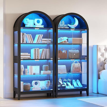 HNEBC Arched Book Shelf with Glass Doors, LED Bookcase with RGB Lights, 5 Tier Cabinet Has 9-Cube Storage, 69" Display Cabinet for Living Room,Bedroom(Black)