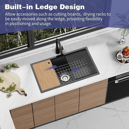 Black Kitchen Sink Workstation,32"x19" Stainless Steel Undermount Single Bowl Sink Built-in Ledge Drop In Workstation Sink Design For Place/Slide Accessories-Cutting Board,Drying Rack,Colander