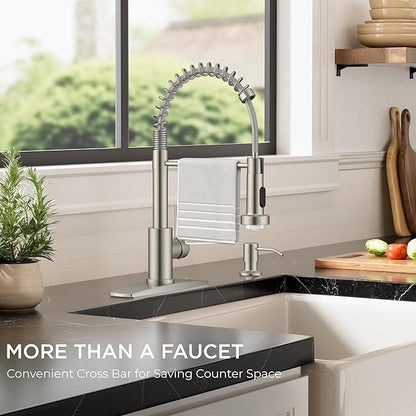 FORIOUS LED Kitchen Sink Faucet, Stainless Steel Brushed Nickel Kitchen Faucet with LED Light Sprayer, Commercial Transitional Single Handle Spring Faucet for Kitchen Sink, Bar & Prep Sinks, RV Camper