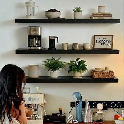 ROGMARS Black Floating Shelves for Wall,36 inch Rustic Wooden Floating Wall Mounted Book Shelves with Invisible Brackets for Living Room, Bedroom, Kitchen, Bathroom,Set of 3