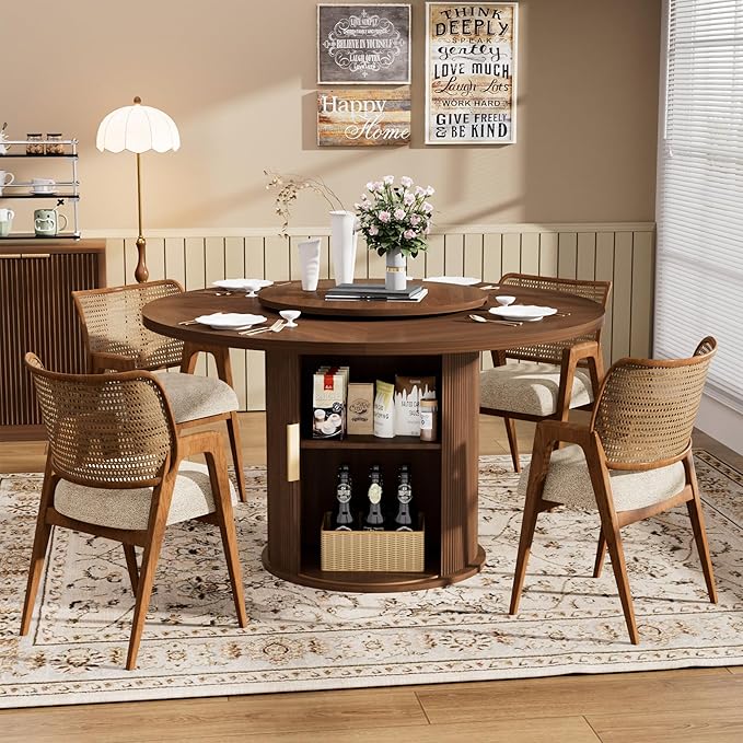 55 inch Round Dining Table for 4-6, Round Wooden Dining Table with Rotating Tabletop Tray & Sliding Door Base, Modern Farmhouse Kitchen Table with 2 Tier Storage Shelf for Kitchen Living Room, Walnut