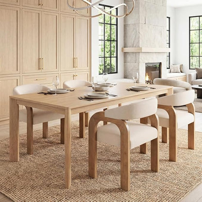 Farmhouse Dining Chairs Set of 6 - Upholstered Armchairs with Linen Cushions & Curved Wooden Arms, Barrel Wood Kitchen Chairs for Dining Room/Cafe/Kitchen Island (Oatmeal Beige)