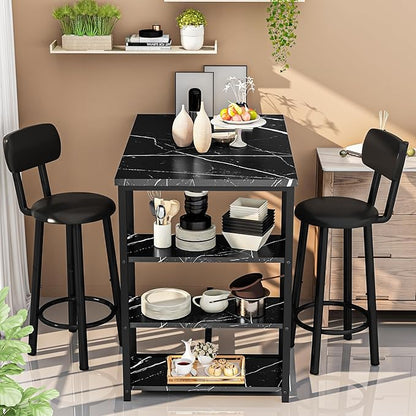 Recaceik Pub Dining Table Set for 2, Table and Bar Stools with 3 Storage Shelves, MDF Board & PU Leather Backrest Chairs, 3 Piece Dining Set for Small Space, Apartment, Kitchen Island, Black