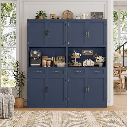 HOSTACK 71“ Tall Kitchen Pantry Storage Cabinet, Modern Kitchen Hutch Bar Cabinet with Microwave Stand, Wood Buffet Sideboard with Hutch, Cupboard with Drawers, Shelves for Dining Room, Blue