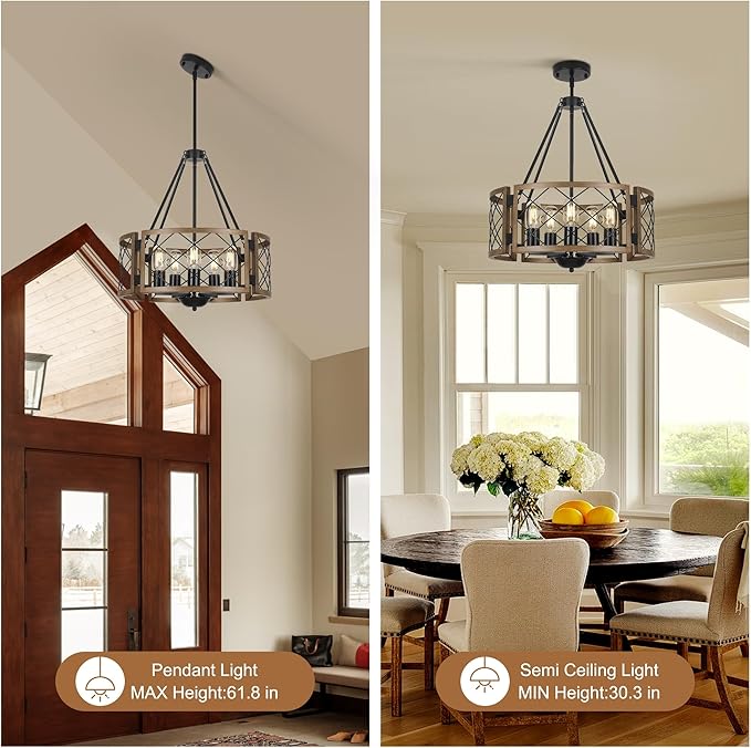 Sigaitwei 5-Light Farmhouse Chandelier Brown Rustic Chandelier for Dining Room Wood Texture Adjustable Pendant Light,Drum Chandelier for Kitchen Island Entryway Bedroom Hallway,18.9'',E26.