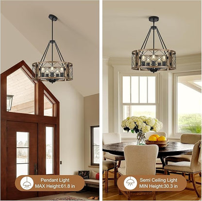 Sigaitwei 5-Light Farmhouse Chandelier Brown Rustic Chandelier for Dining Room Wood Texture Adjustable Pendant Light,Drum Chandelier for Kitchen Island Entryway Bedroom Hallway,18.9'',E26.