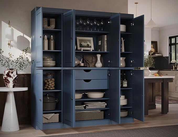 Palace Imports Solid Wood Kitchen Pantry Cabinet - 71.5" Tall, 65" Wide - Wooden Storage Cabinet w/ 2-Drawers & Adjustable Shelves - Antique Blue, Renewable Eco-Friendly 100% Wood, Made in Brazil