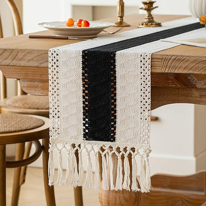 FEXIA Boho Table Runner for Home Decor with Tassels 36 Inches Long,Black Farmhouse Rustic Table Runner Macrame Burlap Table Decoration for Living Room Bridal Shower(12x36 Inches)