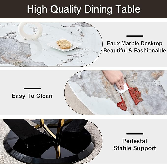 JUFU Round Dining Table for 4/6, 48 Inch Faux Marble Look Dining Room Table, Black Kitchen Table with Stable Pedestal, Modern Glass Dining Table for Kitchen,Living Room,Apartment,Restaurant