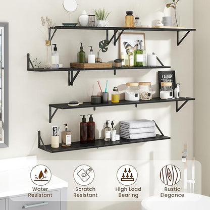 Acovy Floating Shelves for Wall Decor,24" Wx8 D Wall Mount Floating Bookshelf Set of 2,Hanging Storage Shelf with Sturdy Metal Brackets,Wooden Shelf for Living Room,Bedroom,Bathroom,Black