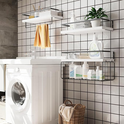 White Wood Floating Shelves Wall Mounted - 3+1 Tier Rustic Bathroom Wall Shelves Over Toilet with Wire Storage Basket & Towel Bar, set of 3 Farmhouse Floating Shelf for Bathroom,Kitchen,Bedroom