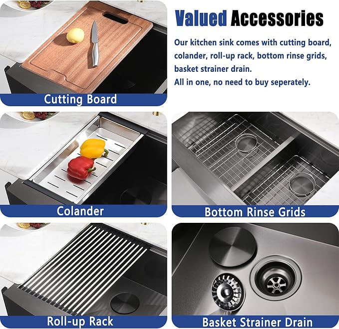 33x22 Double Bowl Farm Sink for Kitchens Workstation - 33 Inch Black Stainless Steel Farmhouse Kitchen Sink Double Bowl, Apron Undermount Double Kitchen Sink with Accessories