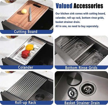 33x22 Double Bowl Farm Sink for Kitchens Workstation - 33 Inch Black Stainless Steel Farmhouse Kitchen Sink Double Bowl, Apron Undermount Double Kitchen Sink with Accessories