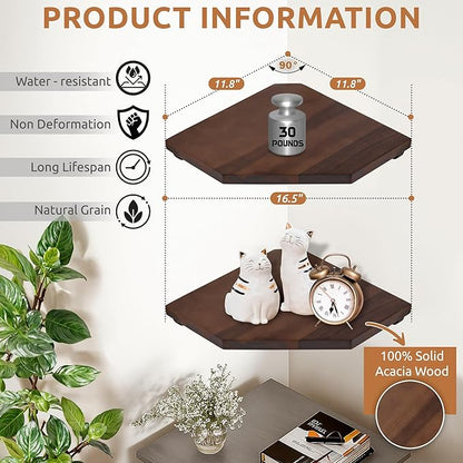 Demigo [Upgraded] Hexagon Corner Floating Shelves Wall Mount (2pcs) – Solid Acacia Wood with Hidden Brackets & Cable Hole – Rustic & Modern Space-Saving Shelves for Bedroom Living Room Office Kitchen