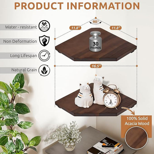 Demigo [Upgraded] Hexagon Corner Floating Shelves Wall Mount (2pcs) – Solid Acacia Wood with Hidden Brackets & Cable Hole – Rustic & Modern Space-Saving Shelves for Bedroom Living Room Office Kitchen