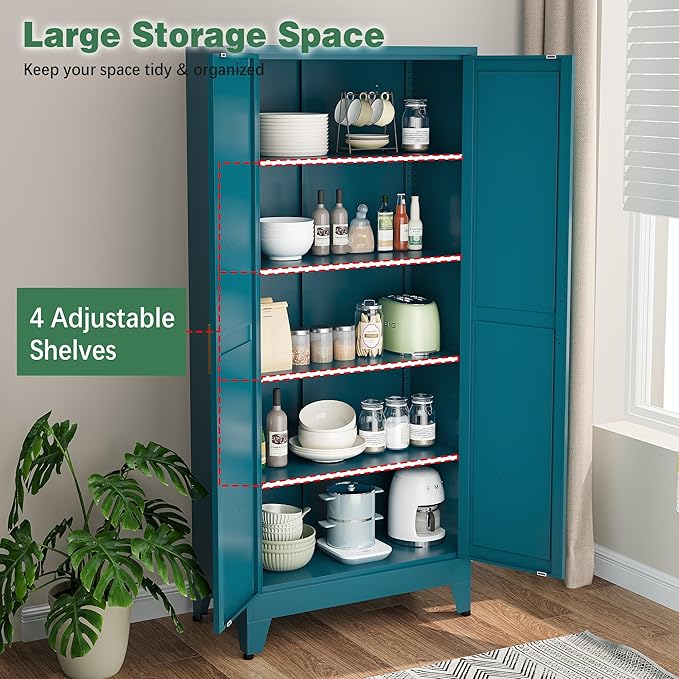 Bevivog 71" Tall Storage Cabinets, Farmhouse Metal Cabinet Bookshelf with 2 Doors and 4 Adjustable Shelves, Blue Kitchen Pantry Cabinets for Kitchen Living Room, Home Office, Laundry, Bathroom
