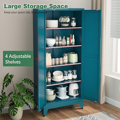 Bevivog 71" Tall Storage Cabinets, Farmhouse Metal Cabinet Bookshelf with 2 Doors and 4 Adjustable Shelves, Blue Kitchen Pantry Cabinets for Kitchen Living Room, Home Office, Laundry, Bathroom