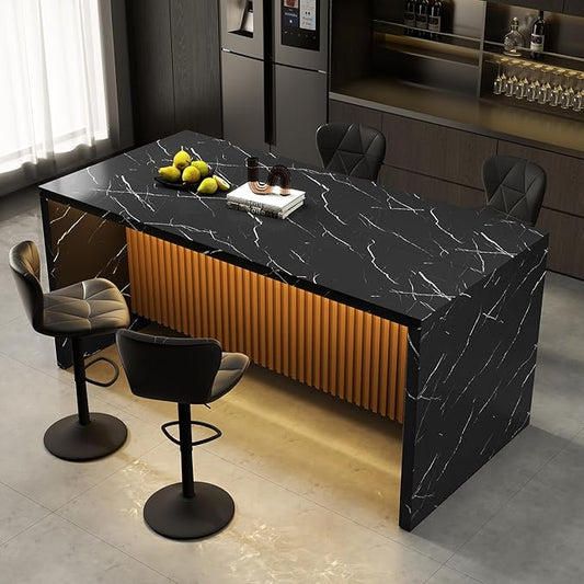 67" Large Modern Rectangle Dining Table for 4-6 People, Imitation Marble Island Table with LED Lights for Kitchen,Dining Room, Bar, Office, Living Room
