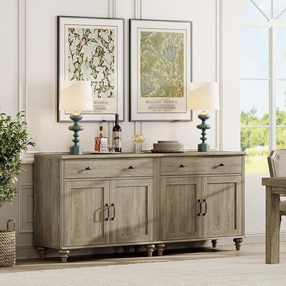 WAMAPT Buffet Cabinet with 4 Doors and 2 Drawers, Large Coffee Bar Table Wood Kitchen Storage Cabinets with Storage Cabinets, Modern Farmhouse Sideboard Credenza for Dining Room, Wash Grey, 68 inch