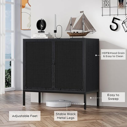 Brafab Set of 2 Black Sideboard Buffet Cabinet with Natural Rattan Decorated Doors, 31.5" W Rattan Cabinet, Console Storage Cabinet, Boho Credenza for Living Room, Entryway, Dining Room/Square Doors
