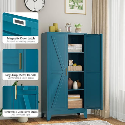 Bevivog 61" Farmhouse Metal Storage Cabinet with 2 Doors and 3 Adjustable Shelves, Tall Bathroom Cabinet Freestanding, Blue Metal Pantry Cabinets for Kitchen, Living Room, Home Office