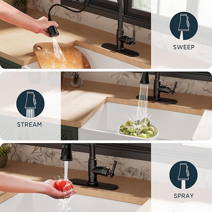 FORIOUS Vintage Kitchen Faucets with Pull Down Sprayer, Oil Rubbed Bronze, High Arc Single Handle Stainless Steel Antique Pull Out Sink Faucet for Farmhouse Camper Rv Bar, Fit for 1 or 3 Hole