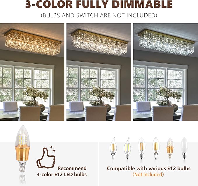 8-Light Gold Crystal Chandelier, Modern K9 Crystal Rectangle Chandelier for Dining Room Kitchen Island Hanging Pendant Light Fixture, L40 x W10 x H10