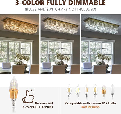 8-Light Gold Crystal Chandelier, Modern K9 Crystal Rectangle Chandelier for Dining Room Kitchen Island Hanging Pendant Light Fixture, L40 x W10 x H10