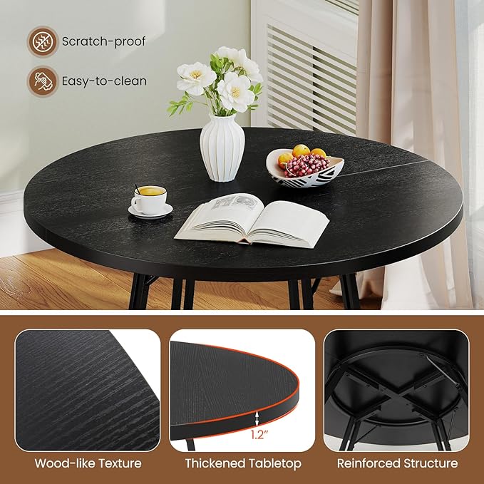 Giantex 47-inches Round Dining Table for 4-6 People, Kitchen Table with Metal Supporting Legs & Cross Base, Circle Dinner Tables for Dinette, Restaurant, Living Room, Dining Room (Black)