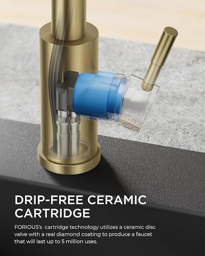 FORIOUS Gold Kitchen Faucet with Soap Dispenser, Stainless Steel Sink Faucet with Pull Out Sprayer Modern Single Handle Suitable for RV Bar Farhouse Laundry Outdoor