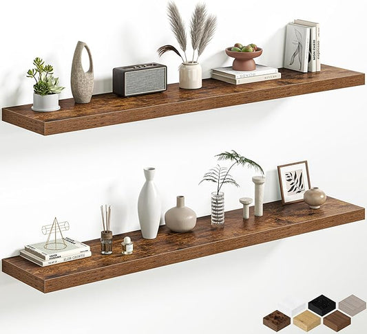 12 Inch Deep Floating Shelves, 60W x 12D Floating Shelf for Books, Rustic Wood Deep Wall Shelves for Home Storage & Display, 1.5" Thicked Shelves for Kitchen, Living Room, Bedroom, Brown, 2 Pack