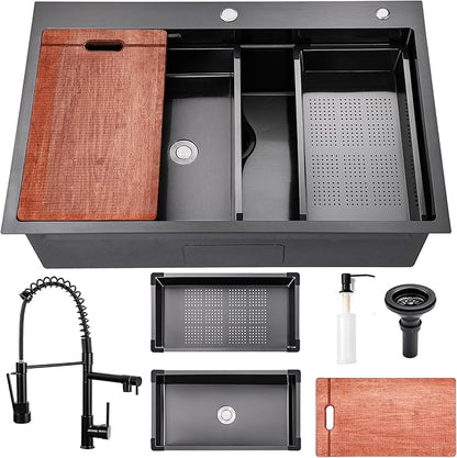 Gunmetal Black Kitchen Sink 33 x 22 Drop In Kitchen Sinks with Faucet Modern Workstation Large Stainless Steel Sink 33 Inch Single Bowl Top Mount Black Sink Kitchen