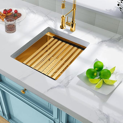 Gold Bar Sink Undermount,Small Bar & Prep Sinks,16 gauge Stainless Steel Bar Sink with Workstation for Wet Bar Area,Special Offset Drain Design (16" X 18")