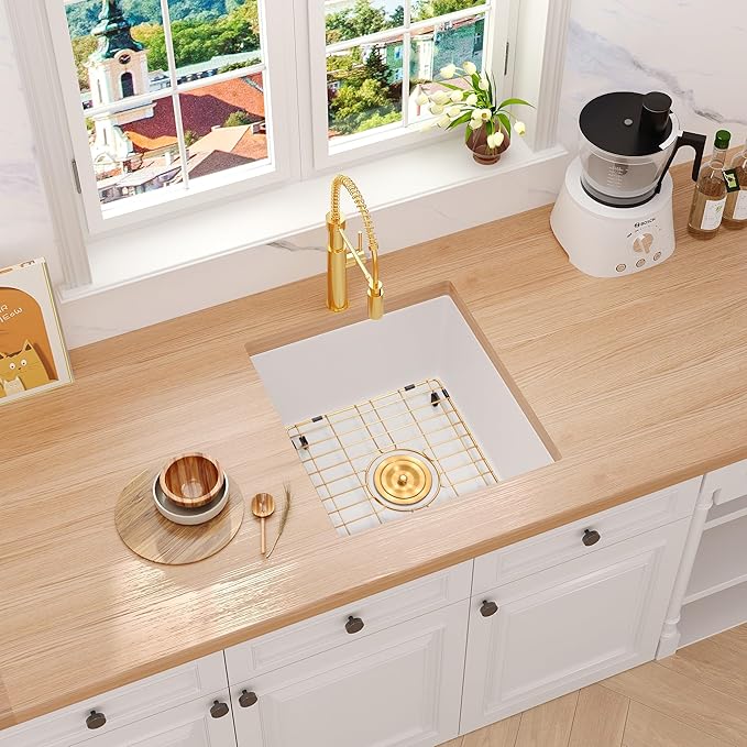 Rhbamoa White Bar Sink 18 Inch,Small Wet Bar Sinks Undermount 18''x18'',9 Inch Depth White Single Bowl Quartz Sinks with Accessories