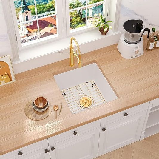 Rhbamoa White Bar Sink 18 Inch,Small Wet Bar Sinks Undermount 18''x18'',9 Inch Depth White Single Bowl Quartz Sinks with Accessories