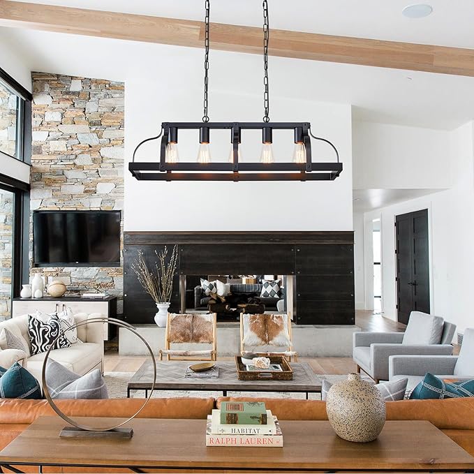 WUZUPS 5-Light Metal Chandelier Linear Pendant Ceiling Lighting Rustic Farmhouse Fixture Kitchen Island Dining Room, H 8.5" L 31.5" W10, E26 Base, Black