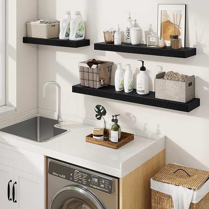 fuqing Floating Shelves for Wall, Wall Mounted Wood Floating Shelf with Invisible Brackets for Living Room, Bathroom, Bedroom, Kitchen Storage and Decor, 20 Inch Set of 2, Black